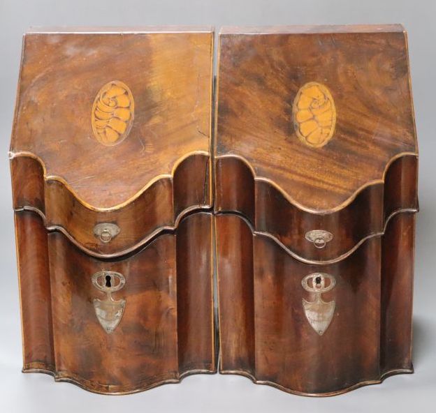 A pair of George III inlaid mahogany knife boxes with original interiors and Old Sheffield plate mounts, 21cm wide